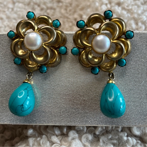 Vintage Estate Genuine Pearls with turquoises Drop Dangle 2.25” - Picture 2 of 6